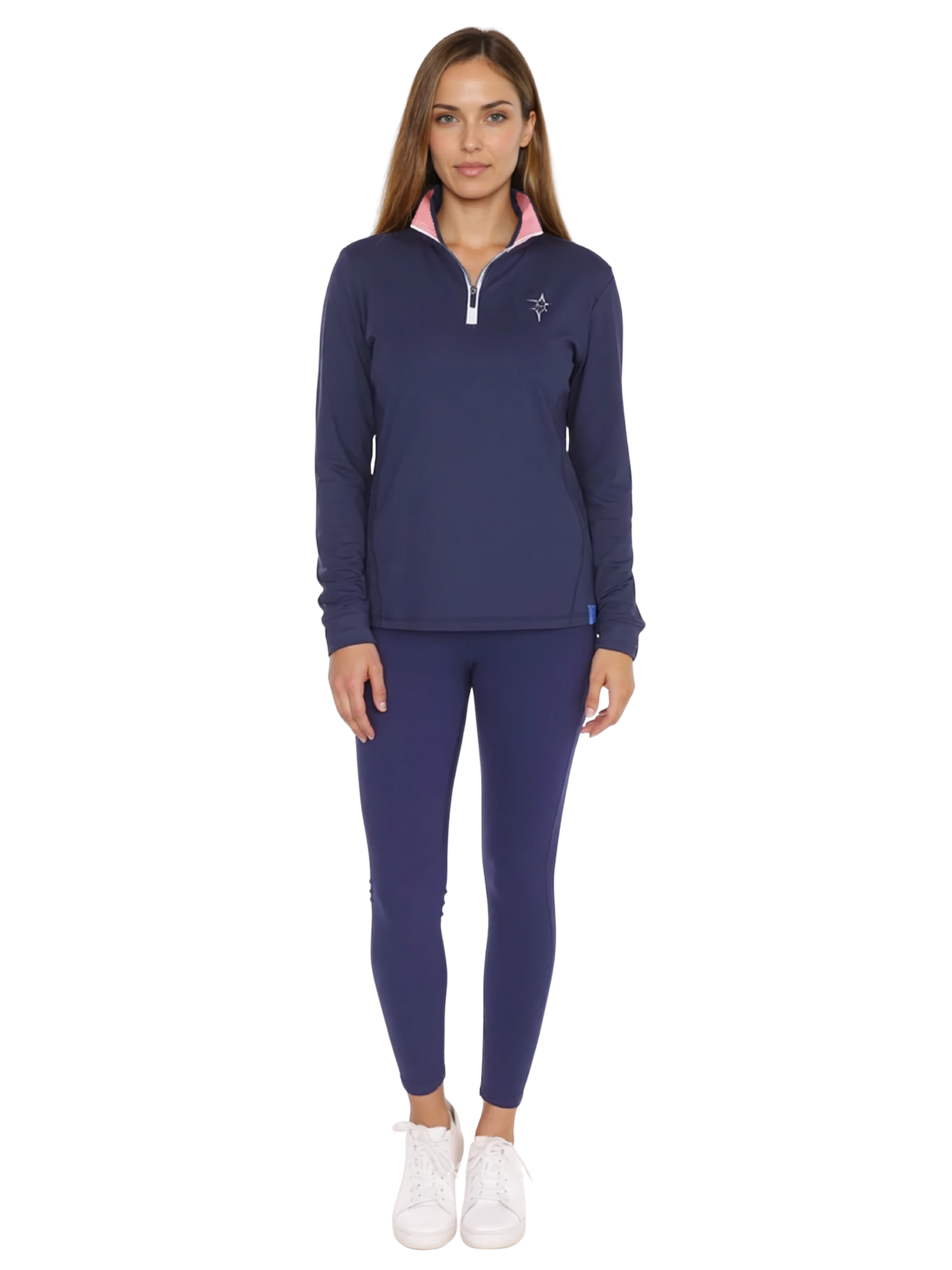 Navy women's Monterey quarter zip sweater by White Water Life, shown on a model with a close-up of the zip and fabric texture.
