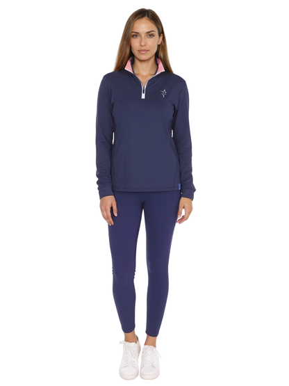 Navy women's Monterey quarter zip sweater by White Water Life, shown on a model with a close-up of the zip and fabric texture.