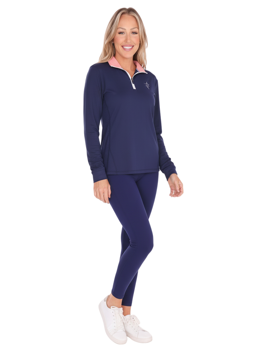 Navy women's Monterey quarter zip sweatshirt by White Water Life, shown from the side angle.