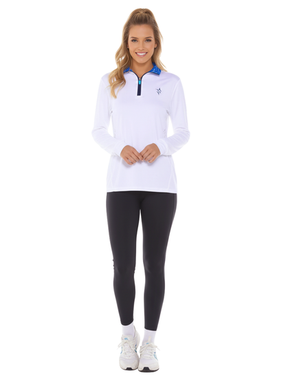 White Water Life Women's Monterey Quarter Zip sweatshirt in white, front view showing the quarter zip and comfortable fit.