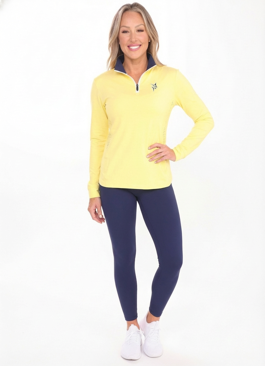 Yellow women's Monterey quarter zip top by White Water Life, shown on a model with close-up of the zip and fabric details.