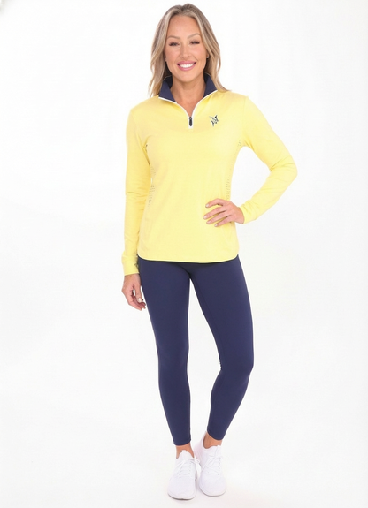 Yellow women's Monterey quarter zip top by White Water Life, shown on a model with close-up of the zip and fabric details.