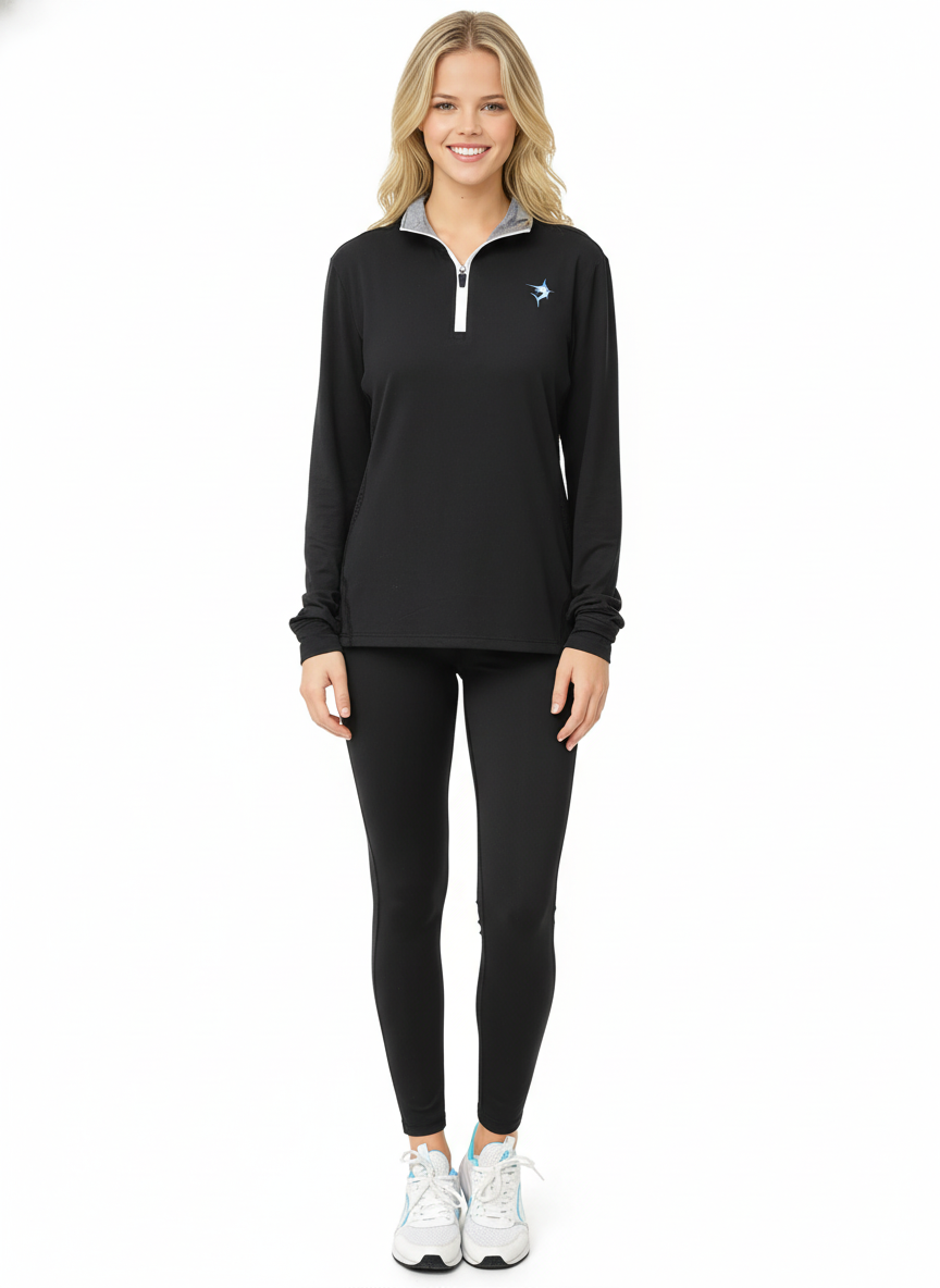 Black women's Monterey quarter zip top from White Water Life, featuring a comfortable fit and stylish design.