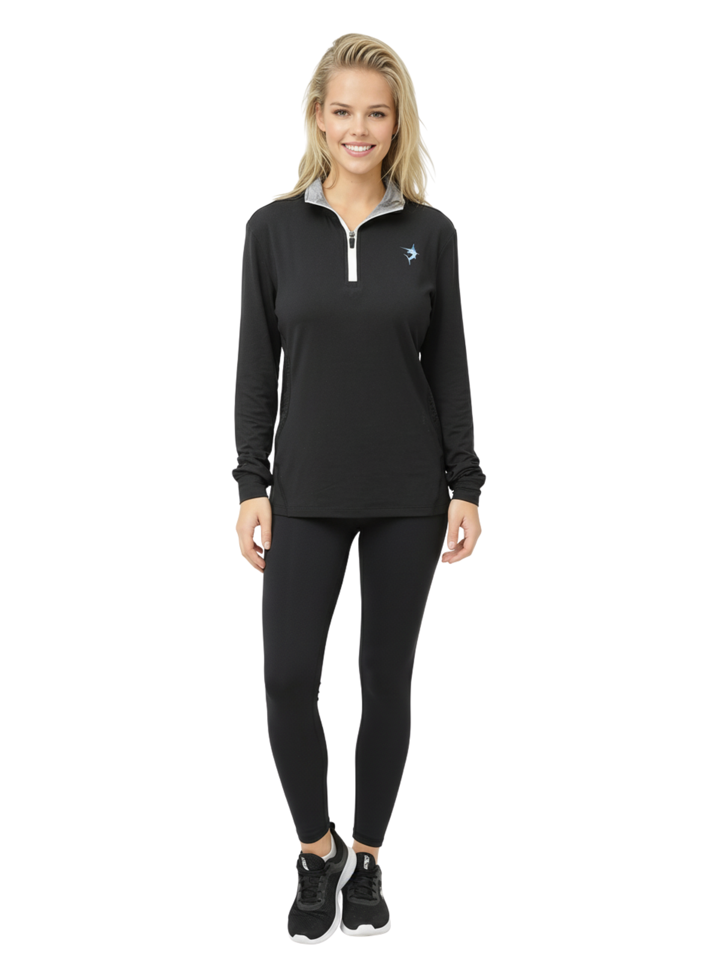 Women's White Water Life Monterey quarter zip in black, featuring a high collar, long sleeves, and a comfortable fit.