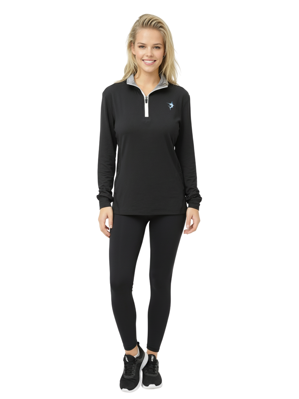 Women's White Water Life Monterey quarter zip in black, featuring a high collar, long sleeves, and a comfortable fit.