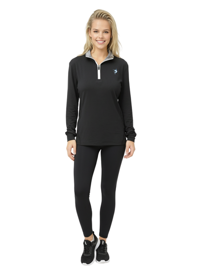 Women's White Water Life Monterey quarter zip in black, featuring a high collar, long sleeves, and a comfortable fit.