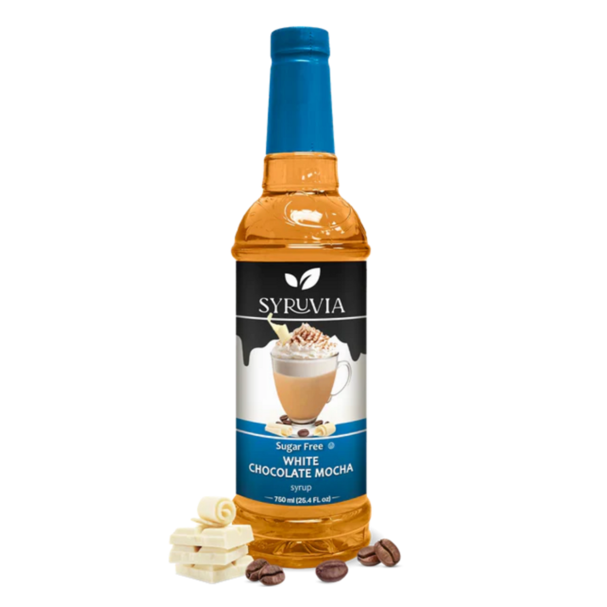 Sugar-Free White Chocolate Mocha Syrup by Syruvia, showing a sleek bottle with white chocolate flavor and sugar-free label.