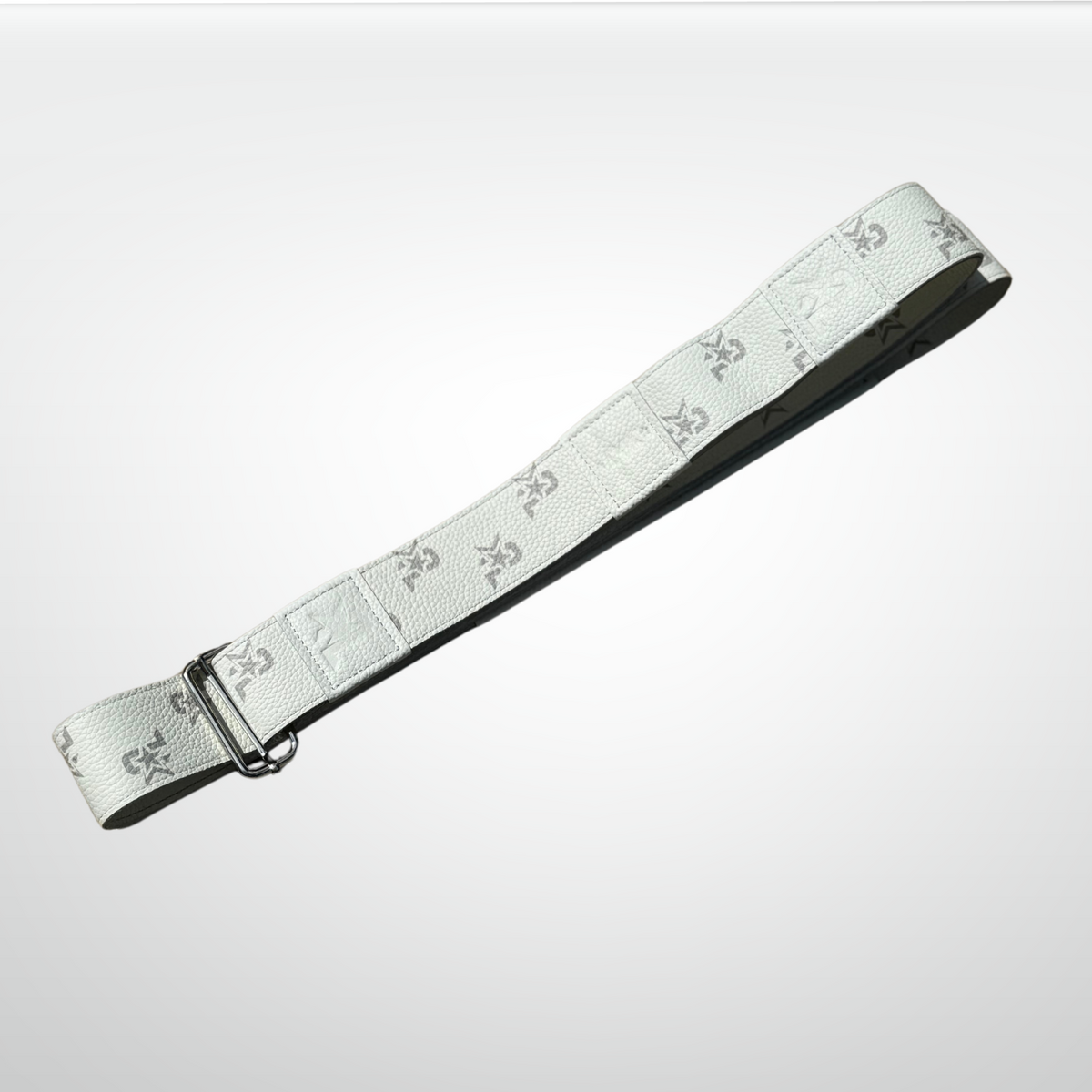 White I AM Leather Monogram Yoga Strap by iReliev, a luxury fitness accessory for stretching and yoga practices.