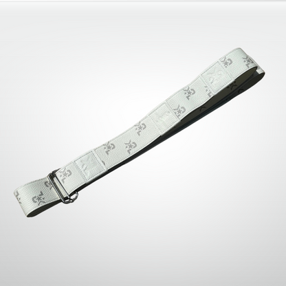 White I AM Leather Monogram Yoga Strap by iReliev, a luxury fitness accessory for stretching and yoga practices.