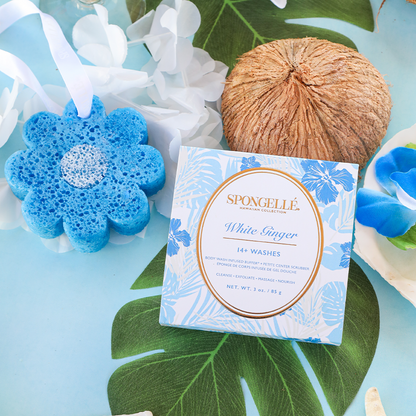 Spongellé White Ginger Hawaiian Buffer body wash-infused buffer with white ginger scent and textured sponge for exfoliation.