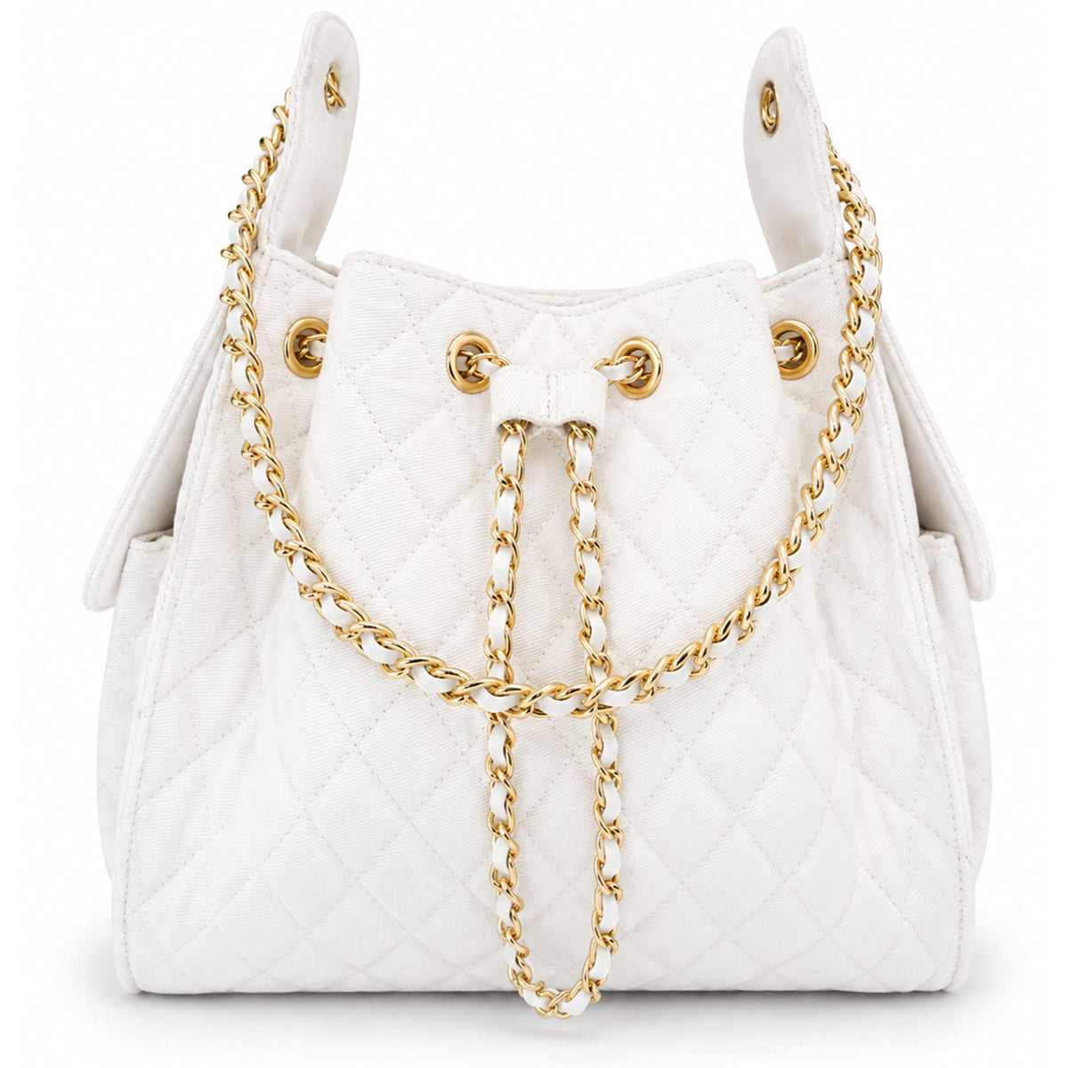 Medium Bayshore Bucket Bag by BEACH HAUS in white denim, featuring a stylish, casual design with a rounded shape and adjustable strap.