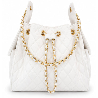 Medium Bayshore Bucket Bag by BEACH HAUS in white denim, featuring a stylish, casual design with a rounded shape and adjustable strap.