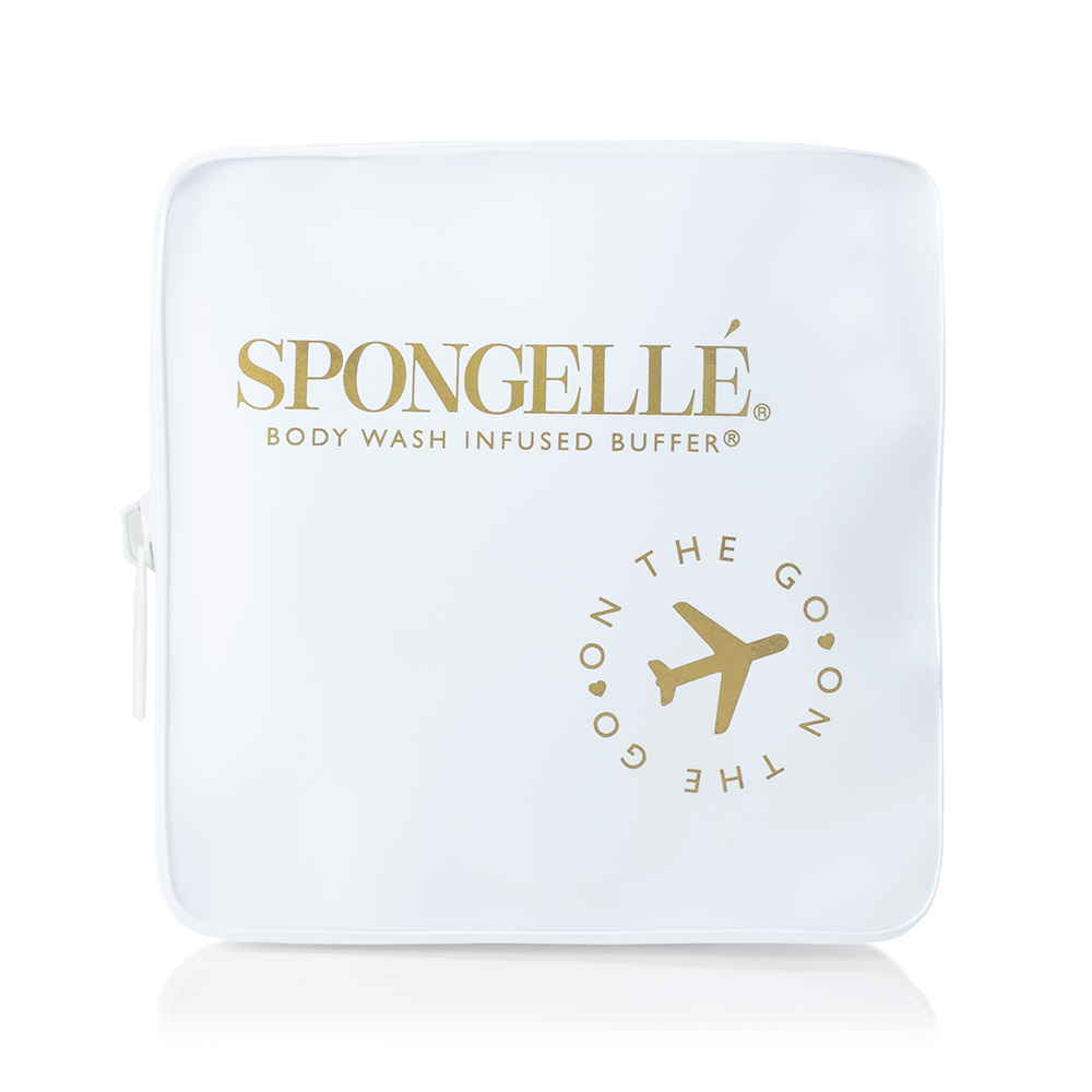 White Spongellé travel case, compact and stylish, designed to hold toiletries and travel essentials.