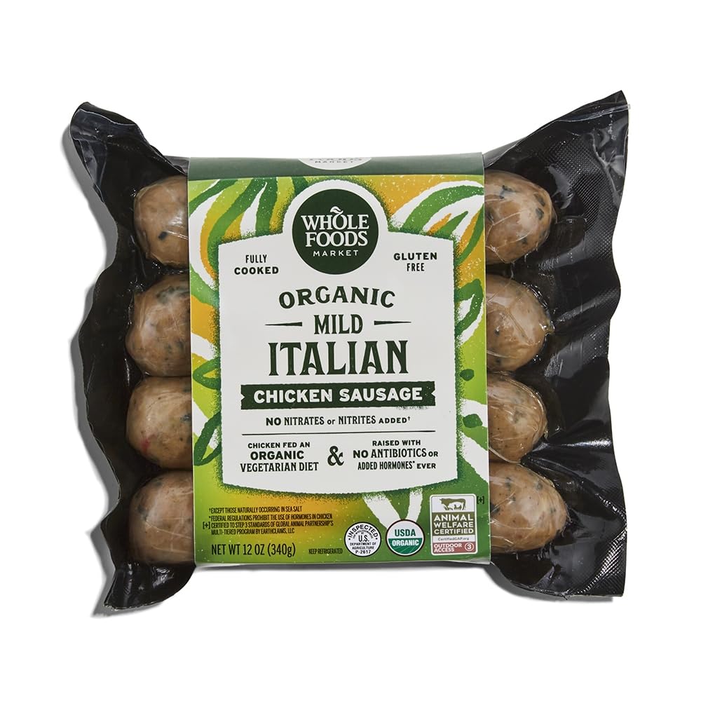 Whole Foods Market organic mild Italian chicken sausage, 12 oz, showing the packaged sausage links in a clear plastic tray