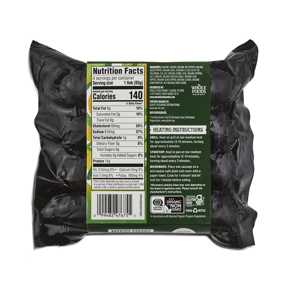 Organic Mild Italian Chicken Sausage from Whole Foods Market, 12 oz, showcasing raw sausage links in natural casing.