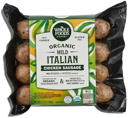 Organic mild Italian chicken sausage from Whole Foods Market, 12 oz, raw sausage links in natural casing.