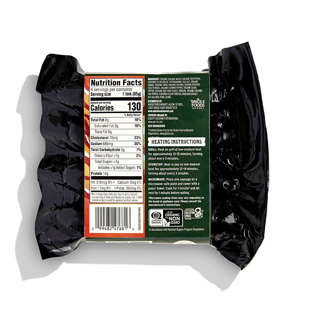 Whole Foods Market Organic Spicy Italian Chicken Sausage, 12 oz, uncooked with visible sausage links in packaging