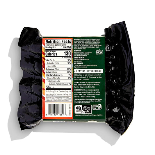 Whole Foods Market Organic Spicy Italian Chicken Sausage, 12 oz, uncooked with visible sausage links in packaging