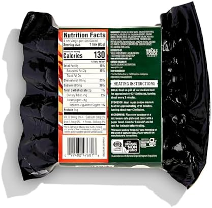 Whole Foods Market Organic Spicy Italian Chicken Sausage in a 12 oz package, displayed with raw sausage links on a cutting board.