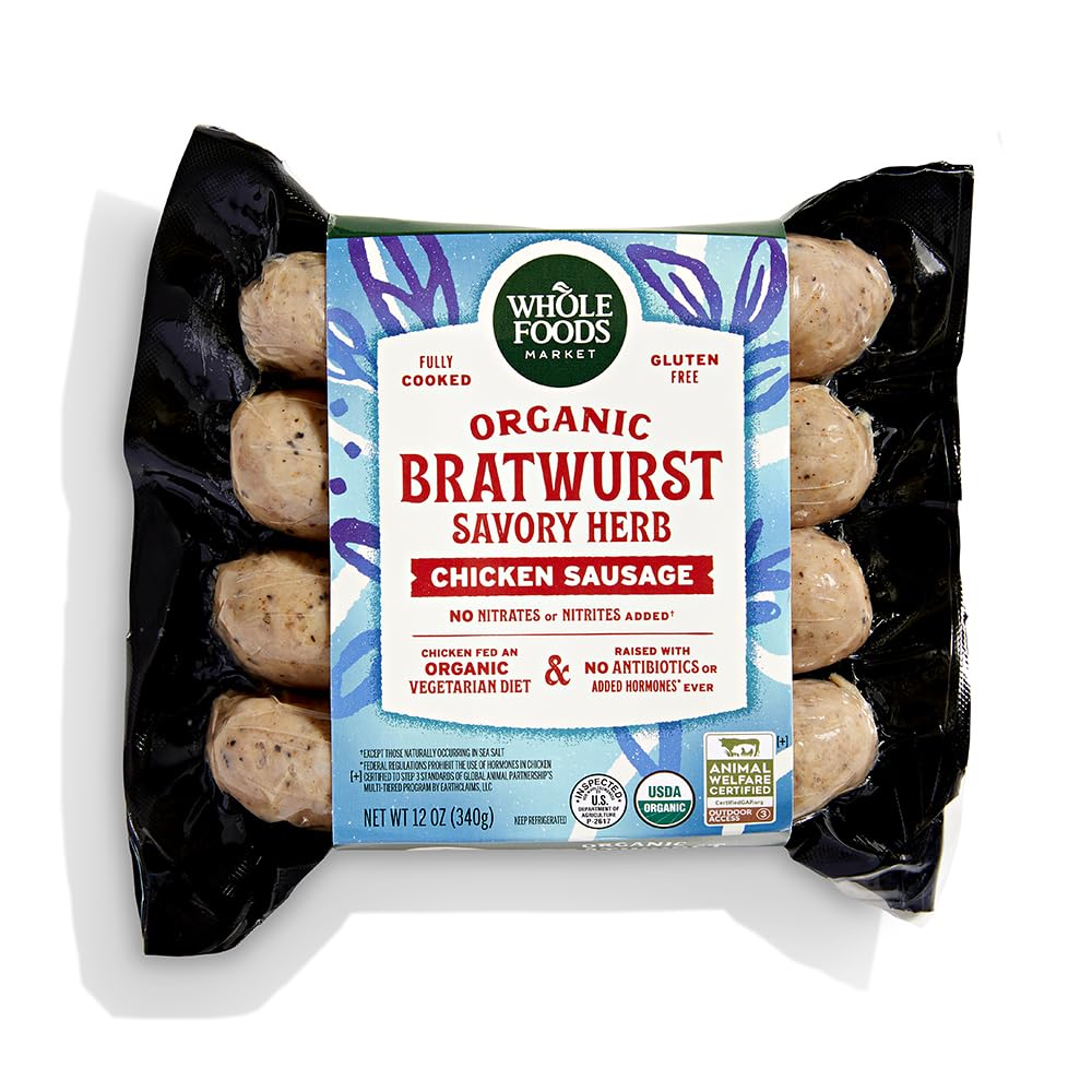 Whole Foods Market organic chicken bratwurst sausages in a 12 oz package, ready for grilling or cooking