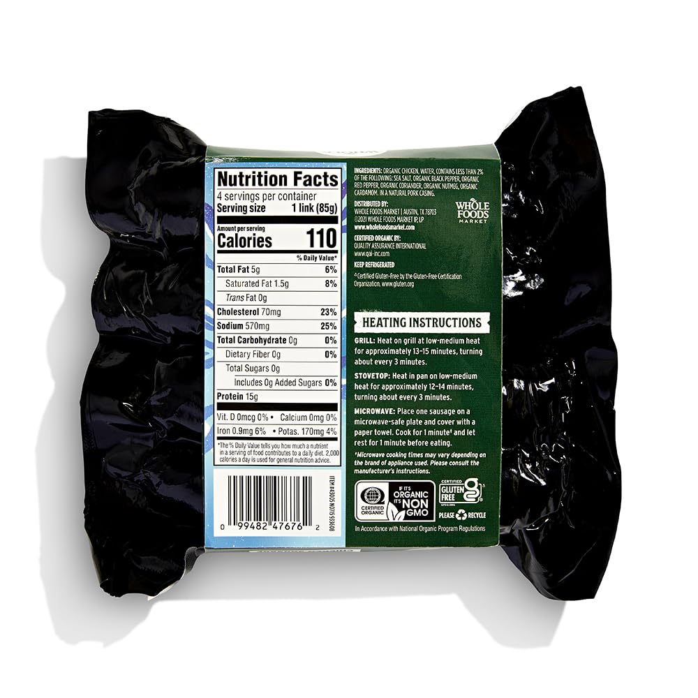 Whole Foods Market organic chicken bratwurst, 12 oz, raw sausages with natural casing and fresh appearance ready for cooking.