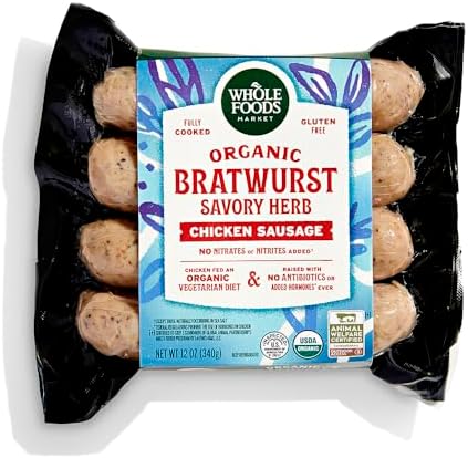 Whole Foods Market organic chicken bratwurst sausages in a 12 oz package, ready for grilling or cooking.