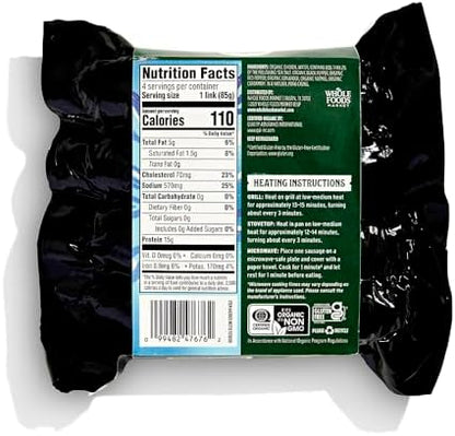 Whole Foods Market Organic Chicken Bratwurst sausage package, 12 oz, with label and product details visible.