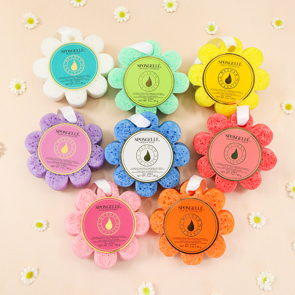 Spongellé Wild Flower Assorted Pack body wash infused buffer with colorful wildflower design and textured surface for exfoliation.