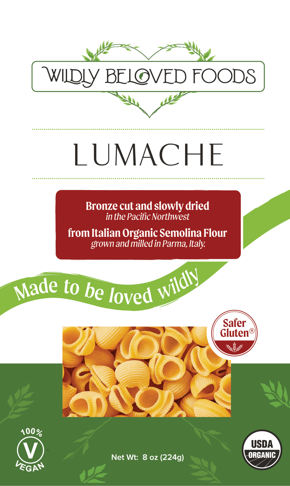 Dried Lumache vegan pasta by Wildly Beloved Foods, showcasing shaped pasta pieces in a natural, dried state.