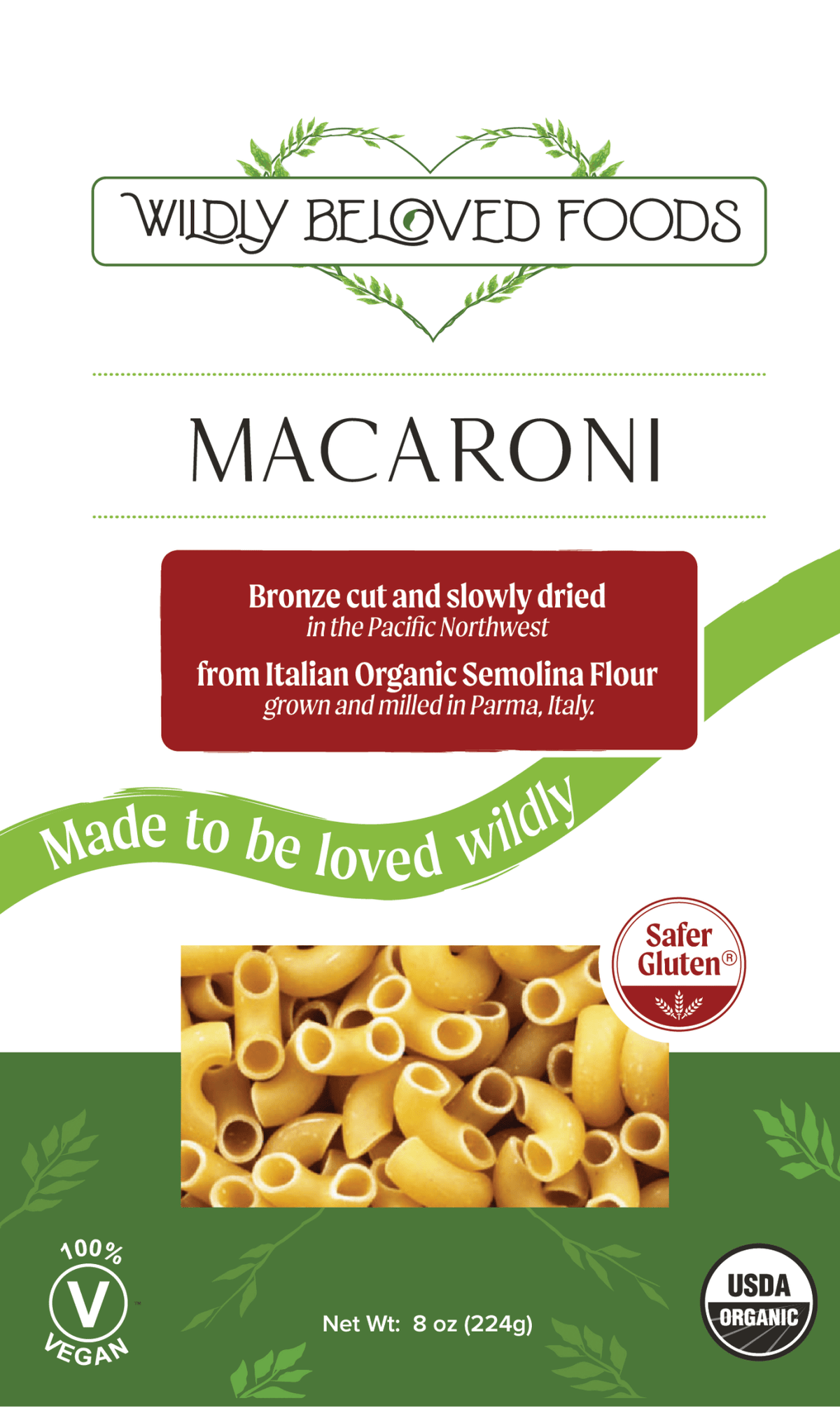 Vegan dried macaroni pasta by Wildly Beloved Foods, classic pasta shape in a close-up image.