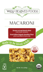 Vegan dried macaroni pasta by Wildly Beloved Foods, classic pasta shape in a close-up image.