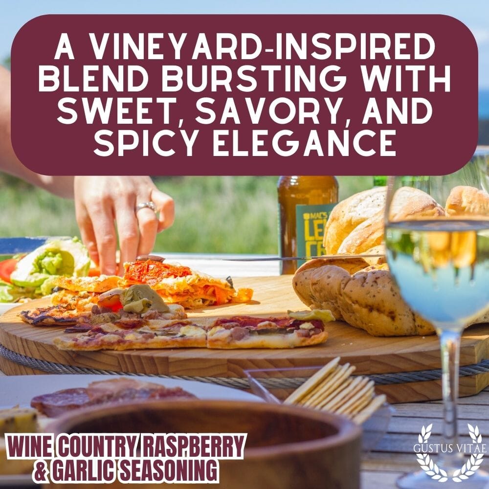 Gustus Vitae Wine Country Raspberry & Garlic Seasoning in a jar, gourmet seasoning with vibrant raspberry and garlic ingredients.