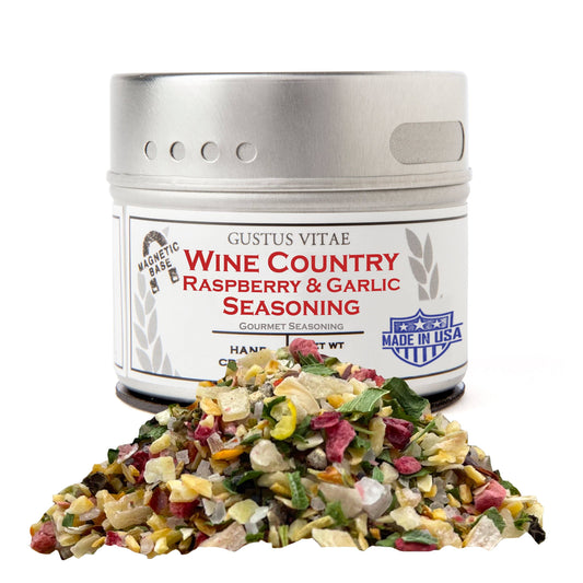 Gustus Vitae Wine Country Raspberry & Garlic Gourmet Seasoning jar with fresh raspberries and garlic cloves on label