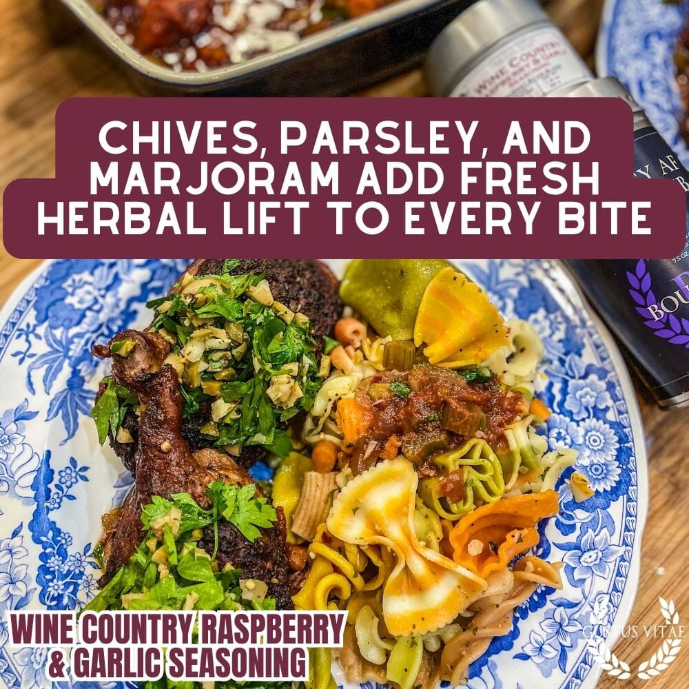 Gustus Vitae Wine Country Raspberry & Garlic Gourmet Seasoning jar with raspberry and garlic herbs visible inside