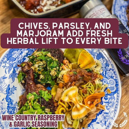 Gustus Vitae Wine Country Raspberry & Garlic Gourmet Seasoning jar with raspberry and garlic herbs visible inside