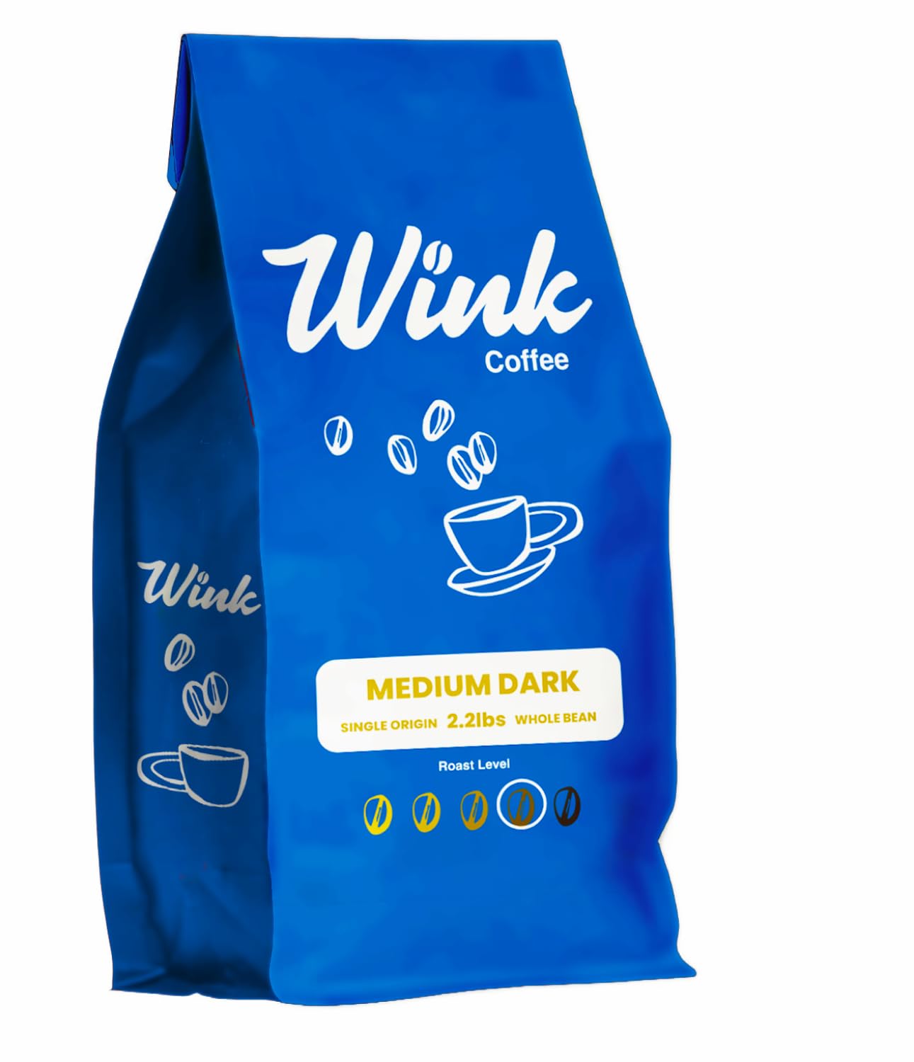 Wink Coffee Medium Dark Roast Whole Bean Arabica coffee in a large 2.2lb bag, showcasing smooth, full-bodied, sustainably sourced beans.