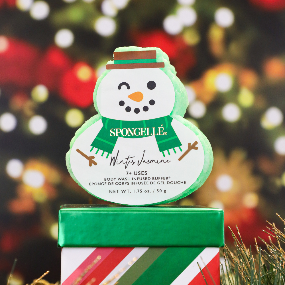 Spongellé Winter Jasmine Holiday Snowman body wash infused buffer with winter jasmine scent and festive snowman design.