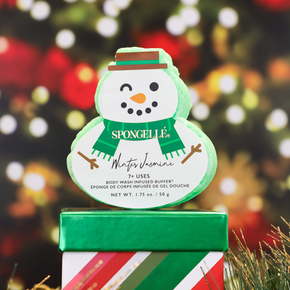 Spongellé Winter Jasmine Holiday Snowman body wash infused buffer with winter jasmine scent and festive snowman design.