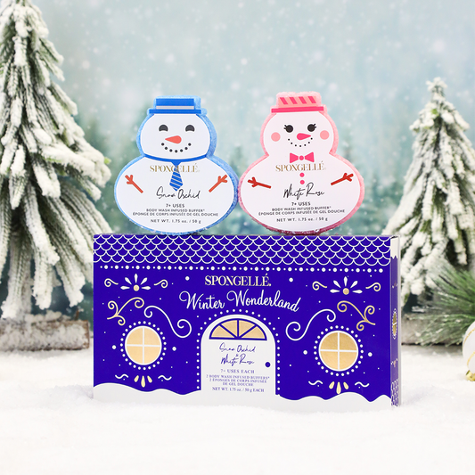 Spongellé Winter Wonderland holiday snowman body wash infused buffer set with festive packaging and winter-themed design.
