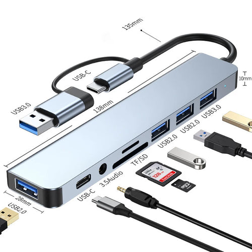 8-in-2 USB and Type-C hub docking station with 3.5mm audio jack, Micro SD card reader, for laptops, tablets, and phones.