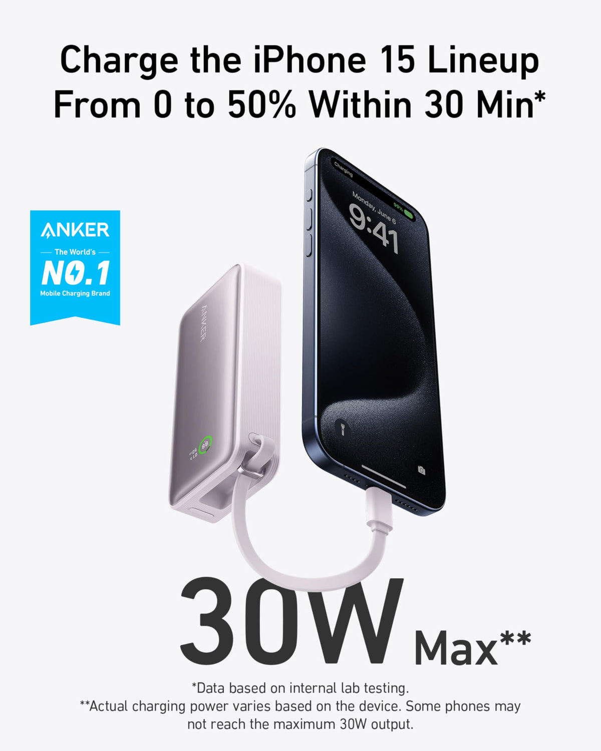 Anker Nano power bank with built-in USB-C cable in lilac purple, compact charging device for on-the-go power.