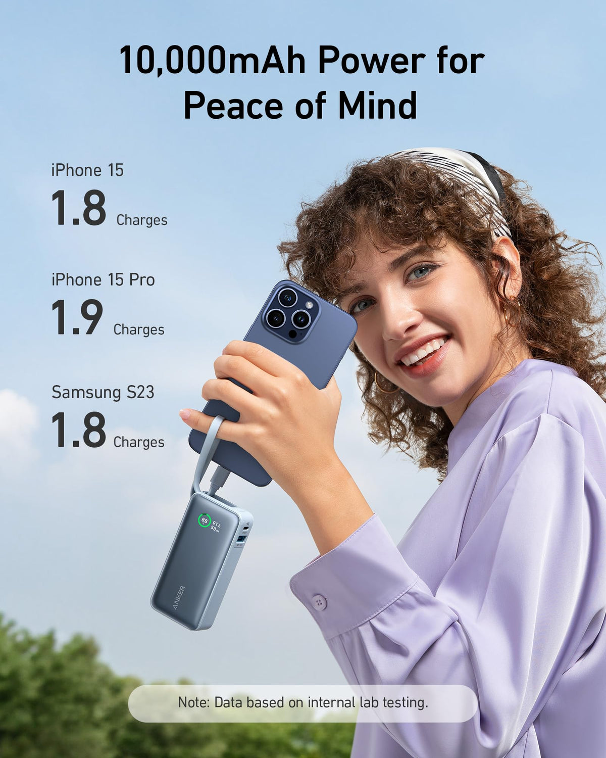 Anker Nano 30W power bank with built-in USB-C cable, shown in lilac purple, designed for portable charging.