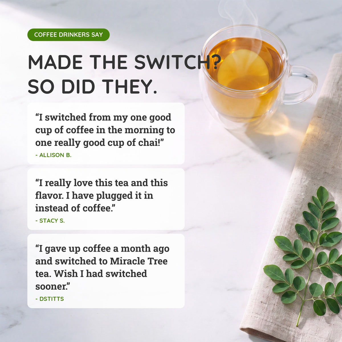 Organic Moringa Energy Tea by Miracle Tree with cherry and chamomile, natural coffee alternative, featuring vibrant tea leaves and ingredients.