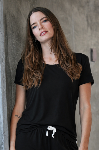 Women's bamboo lounge short sleeve T-shirt by Spun Bamboo, soft fabric, black color, casual fit, ideal for comfortable everyday wear.