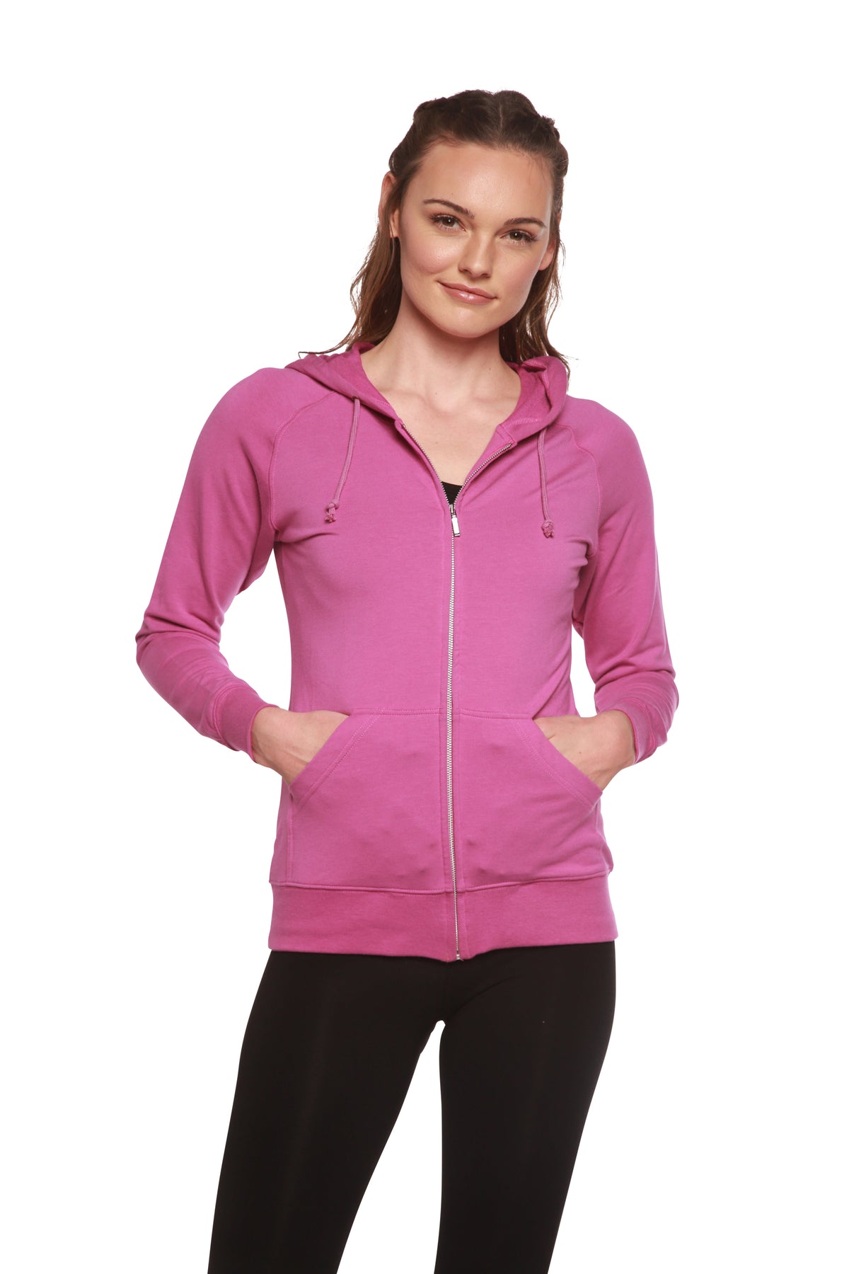 Women's bamboo French terry zip hooded sweatshirt by Spun Bamboo, showing the hoodie with front zipper and drawstrings.