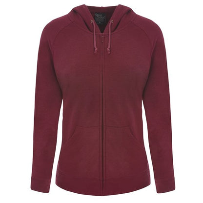 Women's bamboo French terry zip hooded sweatshirt by Spun Bamboo, showing the soft fabric, hood, and front zipper detail.