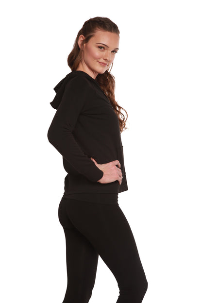 Women's bamboo French Terry zip hooded sweatshirt by Spun Bamboo, featuring a front zipper, hoodie, and casual relaxed fit.