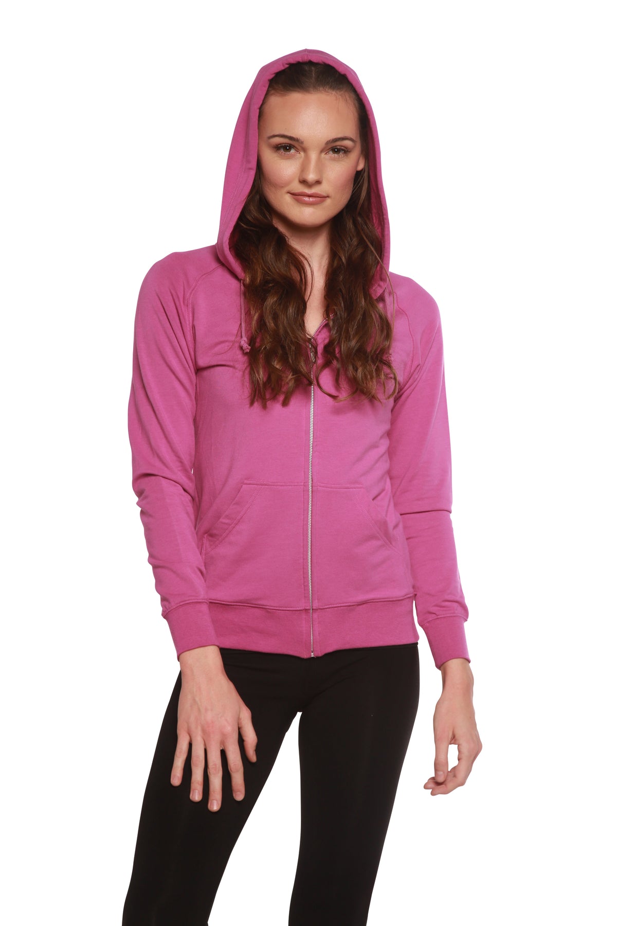 Women's Bamboo French Terry Zip Hooded Sweatshirt by Spun Bamboo, featuring a front zipper, hood, and soft fabric on a plain background.