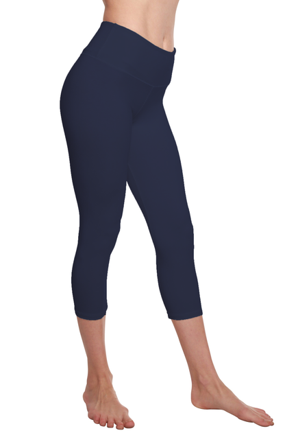 Navy blue women's Capri style leggings made from bamboo viscose and cotton by Spun Bamboo, shown on a model.