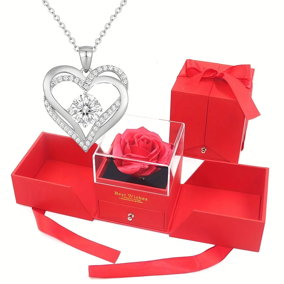 Women's Double Heart Necklace in Rose Gift Box - for Mother, Wife, Girlfriend - Valentine's Day, Birthday, Wedding Present - BACKUPMYFILESNOW